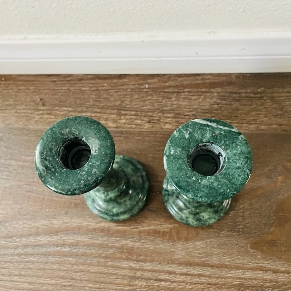 Green Marble Candlestick Pair - Elegant Home Accent 6.5 Inch tall